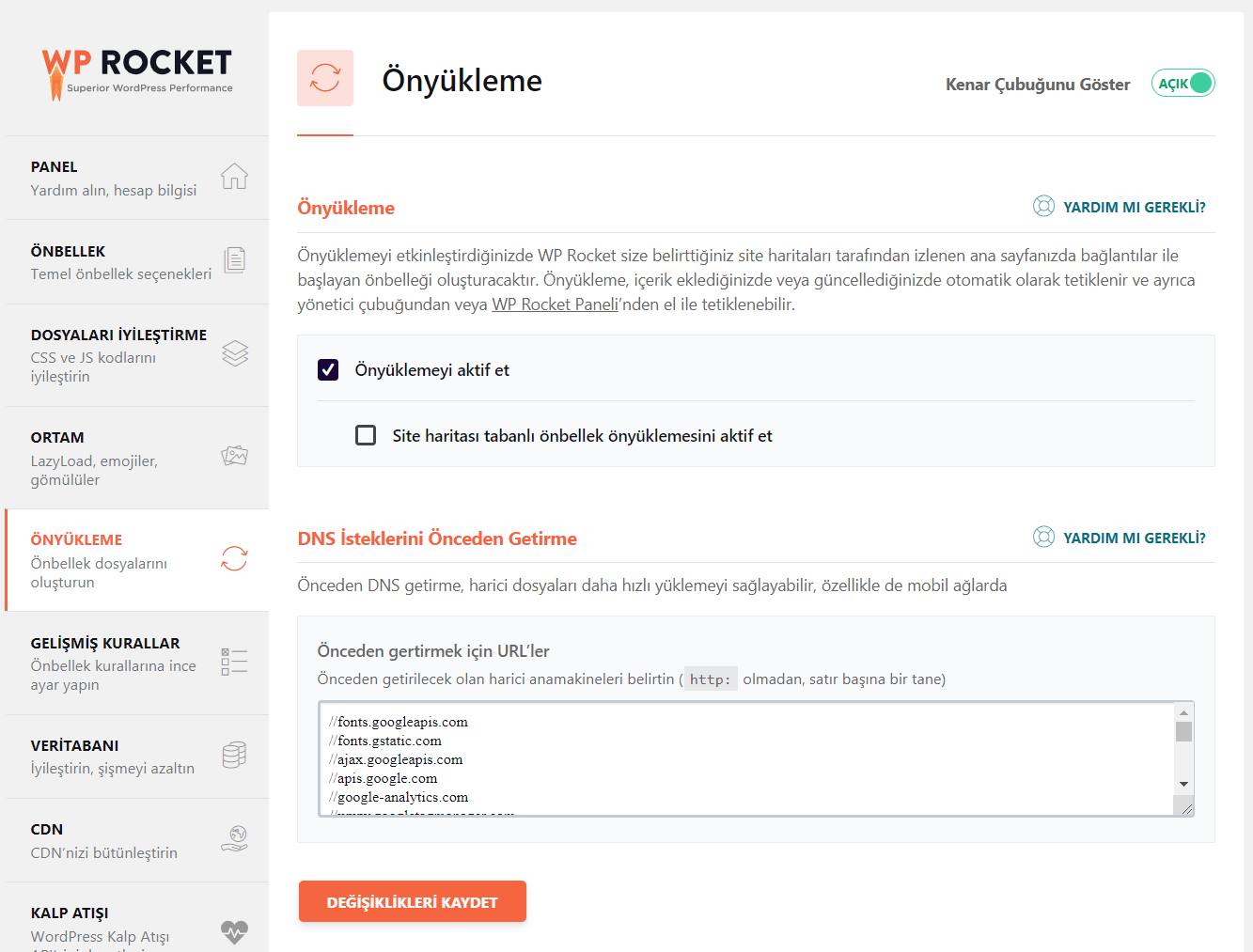 WP Rocket Cache - Önyükleme Ayarları