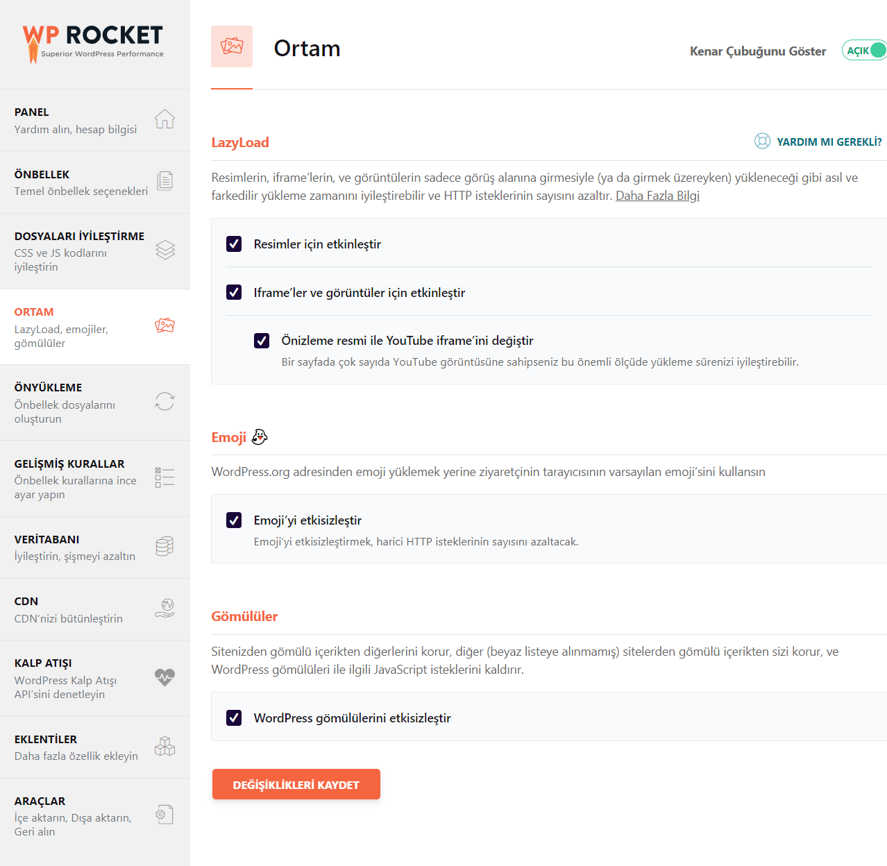 WP Rocket Cache - Ortam Ayarları